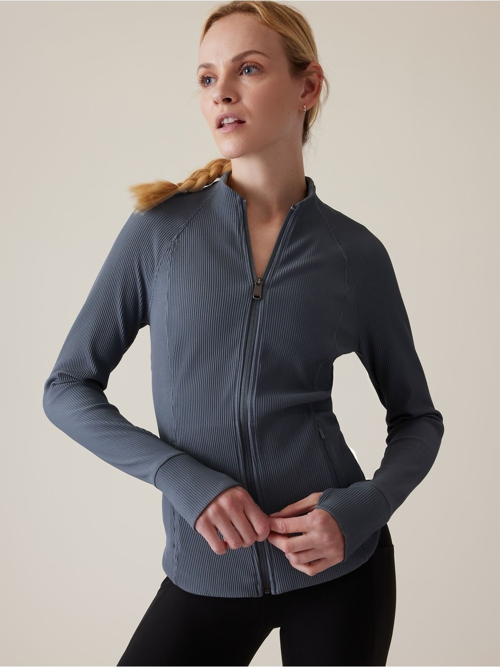 ATHLETA BLUE RIBBED ZIP THRU SWEATSHIRT WOMENS MEDIUM